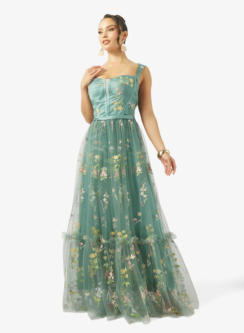 جينجر بوتيك فستان سهرة من التول مزين بكورسيه مطرز بالزهور